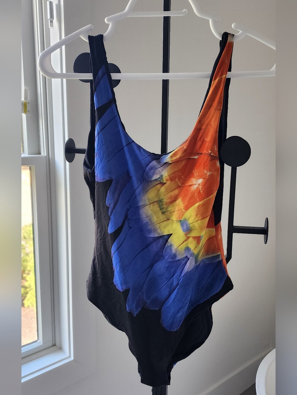 Onia Kelly One Piece Black Swimsuit with Blue, Orange & Yellow Feather Size S